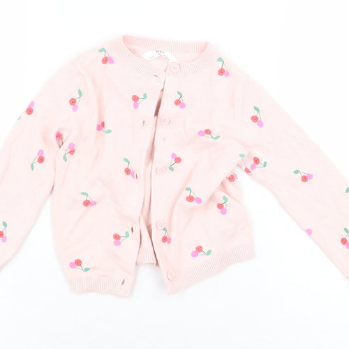 Marks and Spencer Girls Pink Round Neck Geometric 100% Cotton Cardigan Jumper Size 2-3 Years Button - Cherries