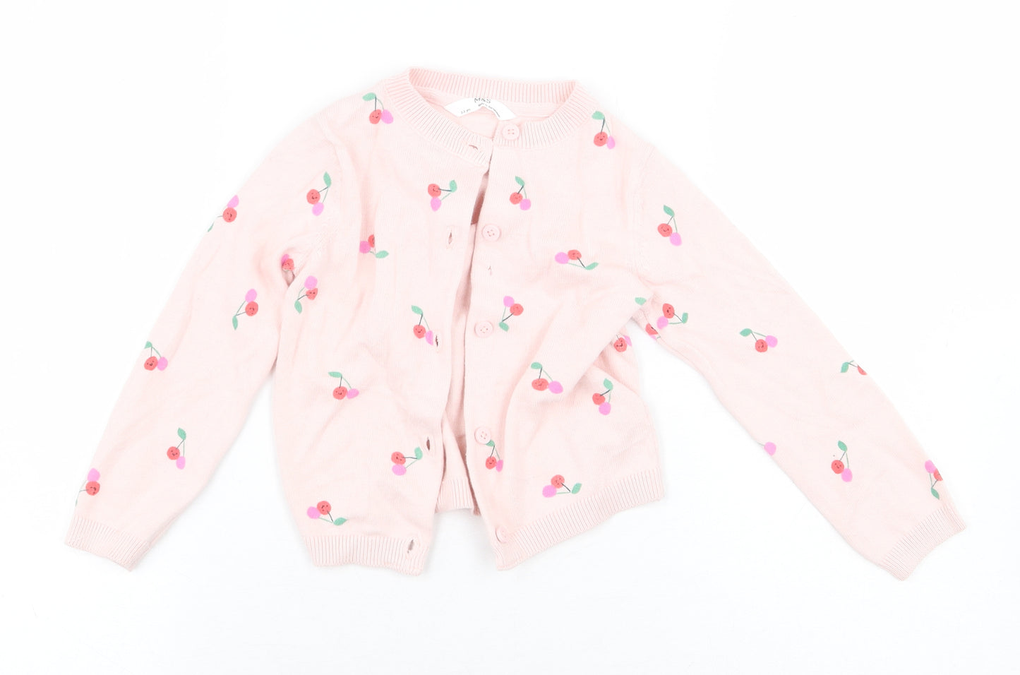 Marks and Spencer Girls Pink Round Neck Geometric 100% Cotton Cardigan Jumper Size 2-3 Years Button - Cherries