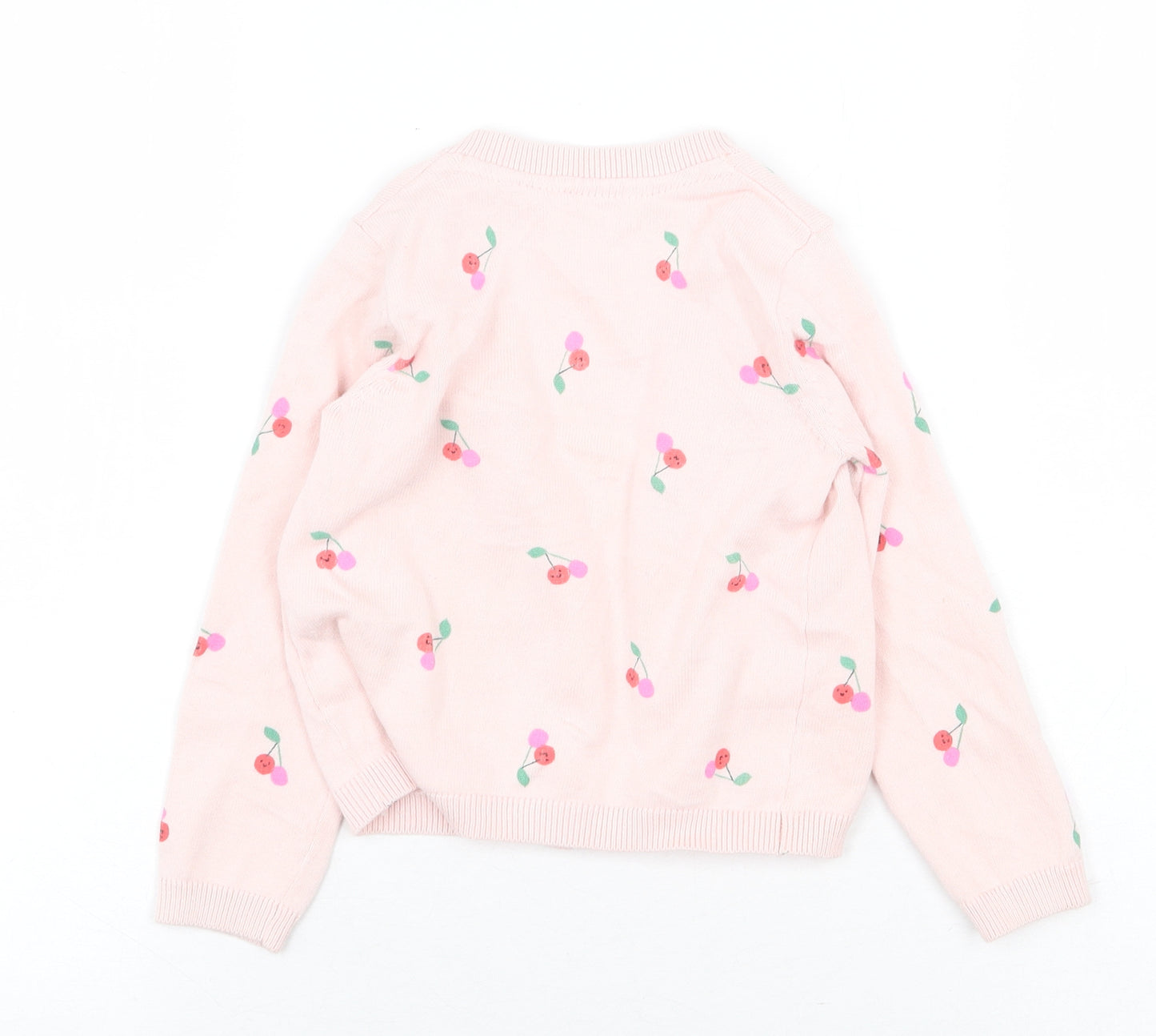 Marks and Spencer Girls Pink Round Neck Geometric 100% Cotton Cardigan Jumper Size 2-3 Years Button - Cherries