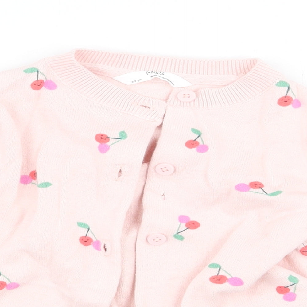 Marks and Spencer Girls Pink Round Neck Geometric 100% Cotton Cardigan Jumper Size 2-3 Years Button - Cherries