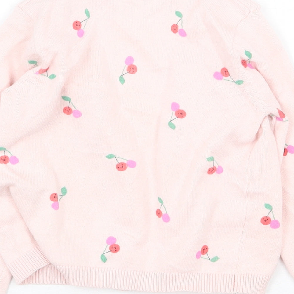 Marks and Spencer Girls Pink Round Neck Geometric 100% Cotton Cardigan Jumper Size 2-3 Years Button - Cherries