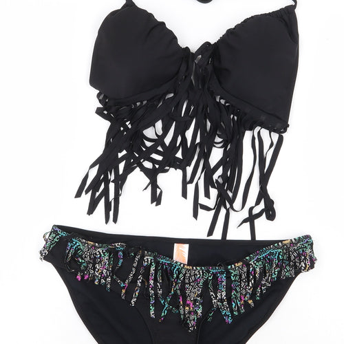 Ocean Club Womens Black Nylon Bikini Size 14 - fringe details