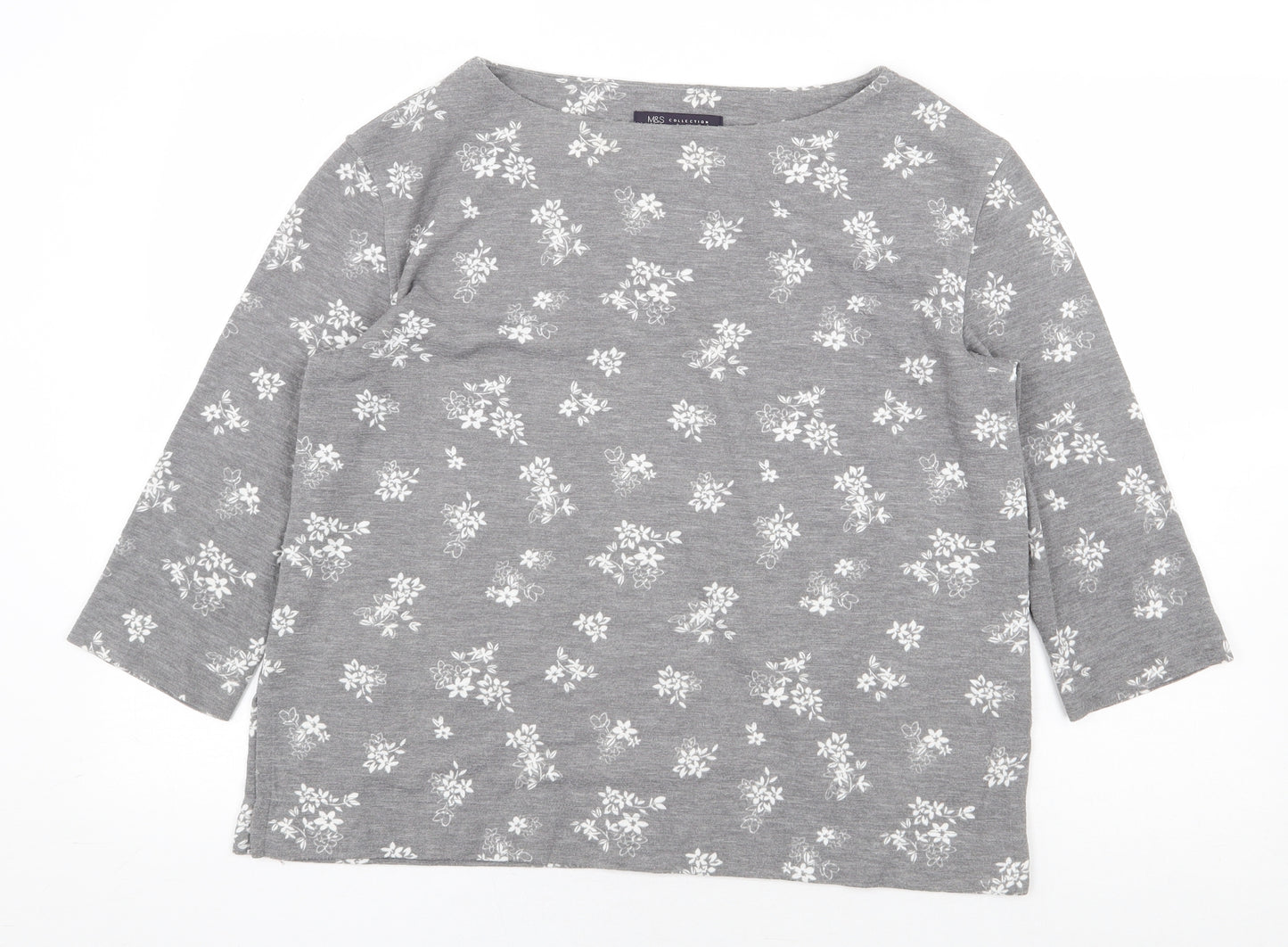 Marks and Spencer Womens Grey Floral Polyester Basic Blouse Size 10 Boat Neck