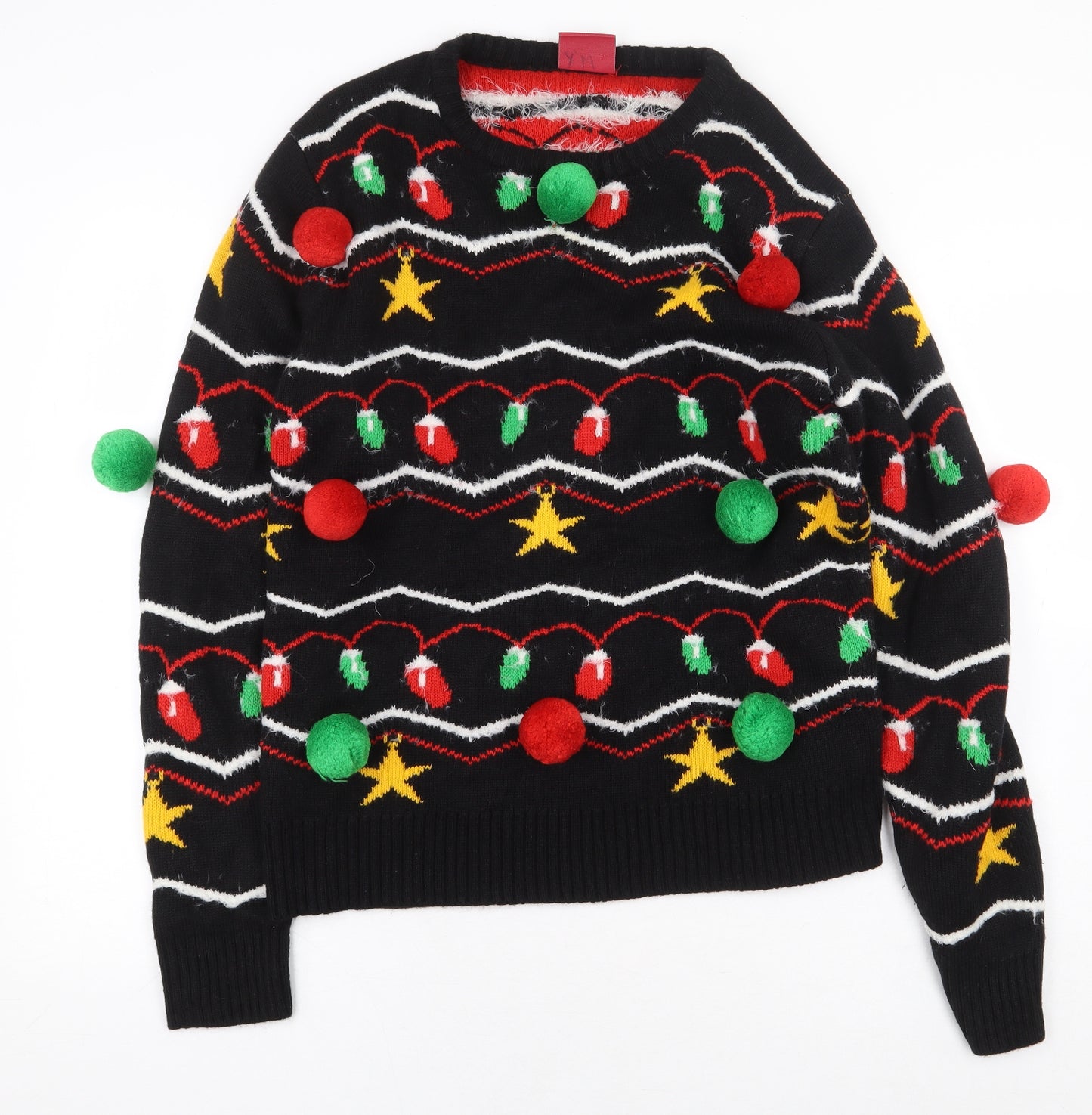 Christmas Shop Mens Black Round Neck Striped Acrylic Pullover Jumper Size M - Christmas Lights