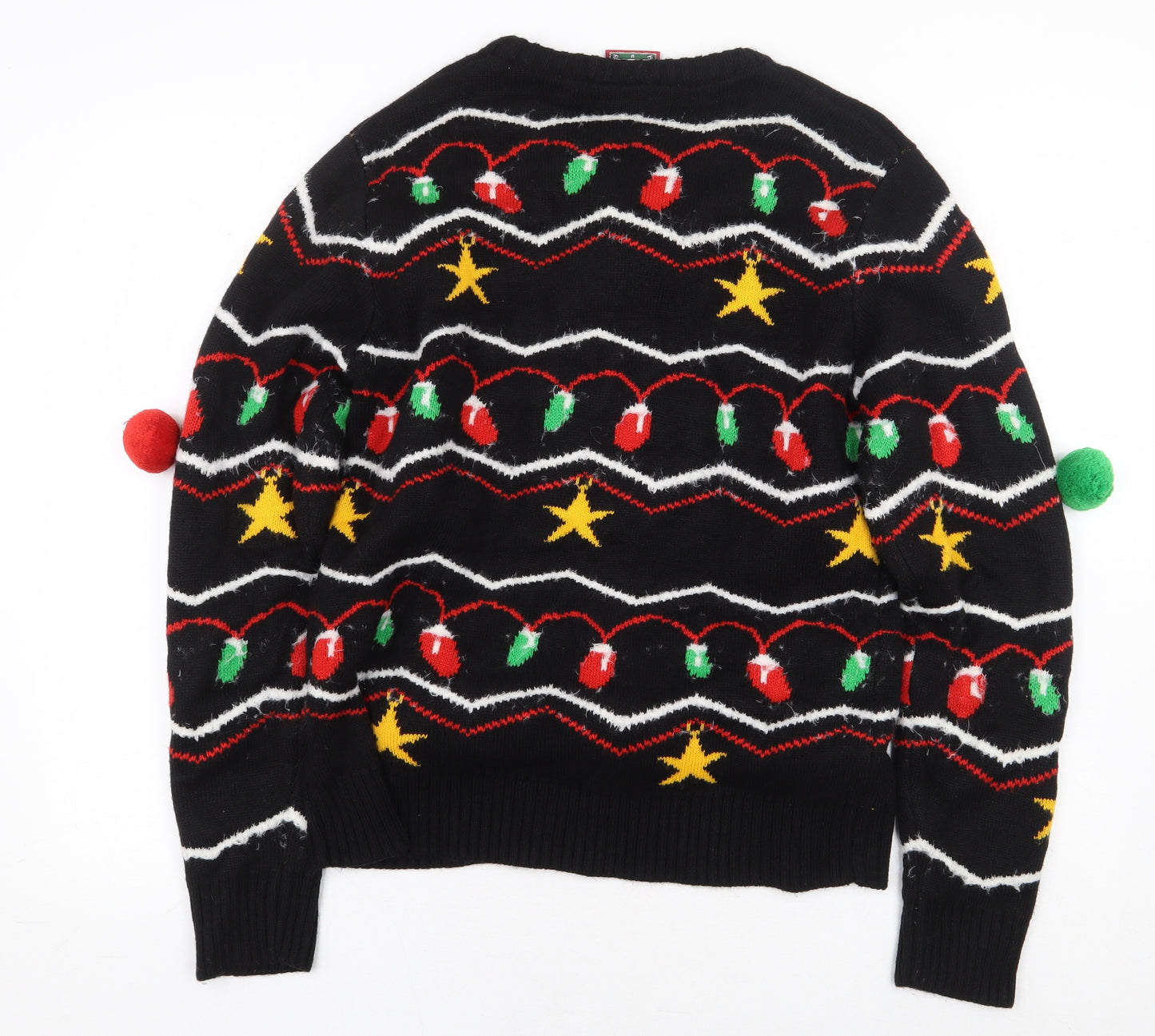 Christmas Shop Mens Black Round Neck Striped Acrylic Pullover Jumper Size M - Christmas Lights