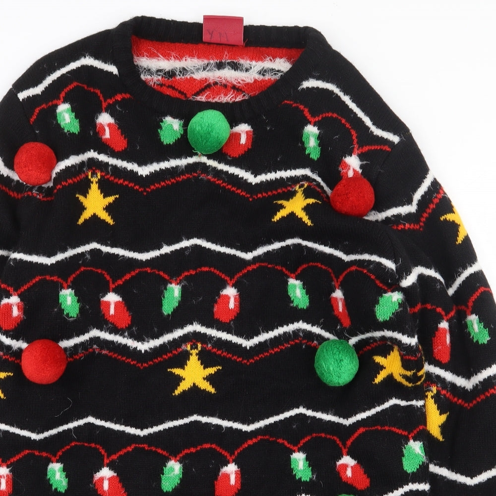 Christmas Shop Mens Black Round Neck Striped Acrylic Pullover Jumper Size M - Christmas Lights
