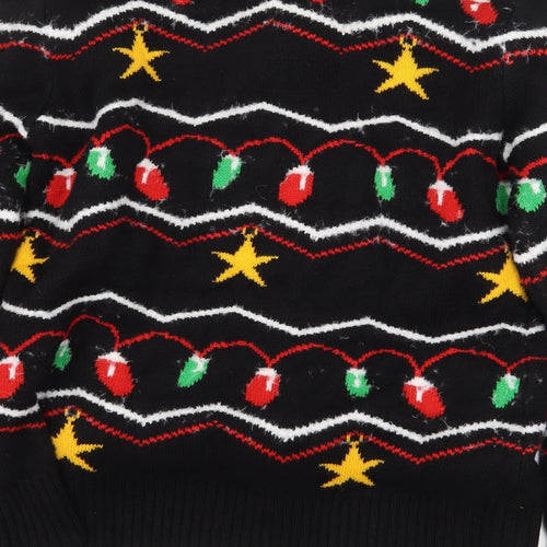 Christmas Shop Mens Black Round Neck Striped Acrylic Pullover Jumper Size M - Christmas Lights