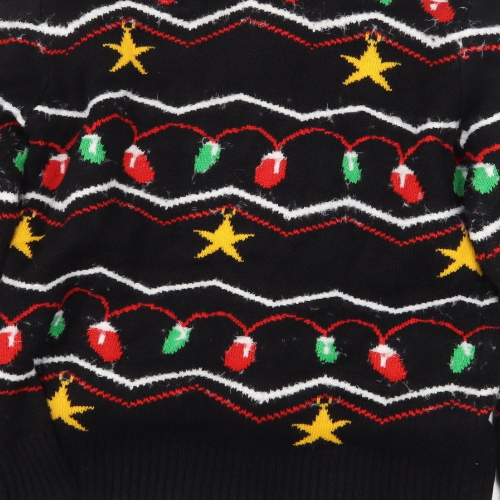 Christmas Shop Mens Black Round Neck Striped Acrylic Pullover Jumper Size M - Christmas Lights