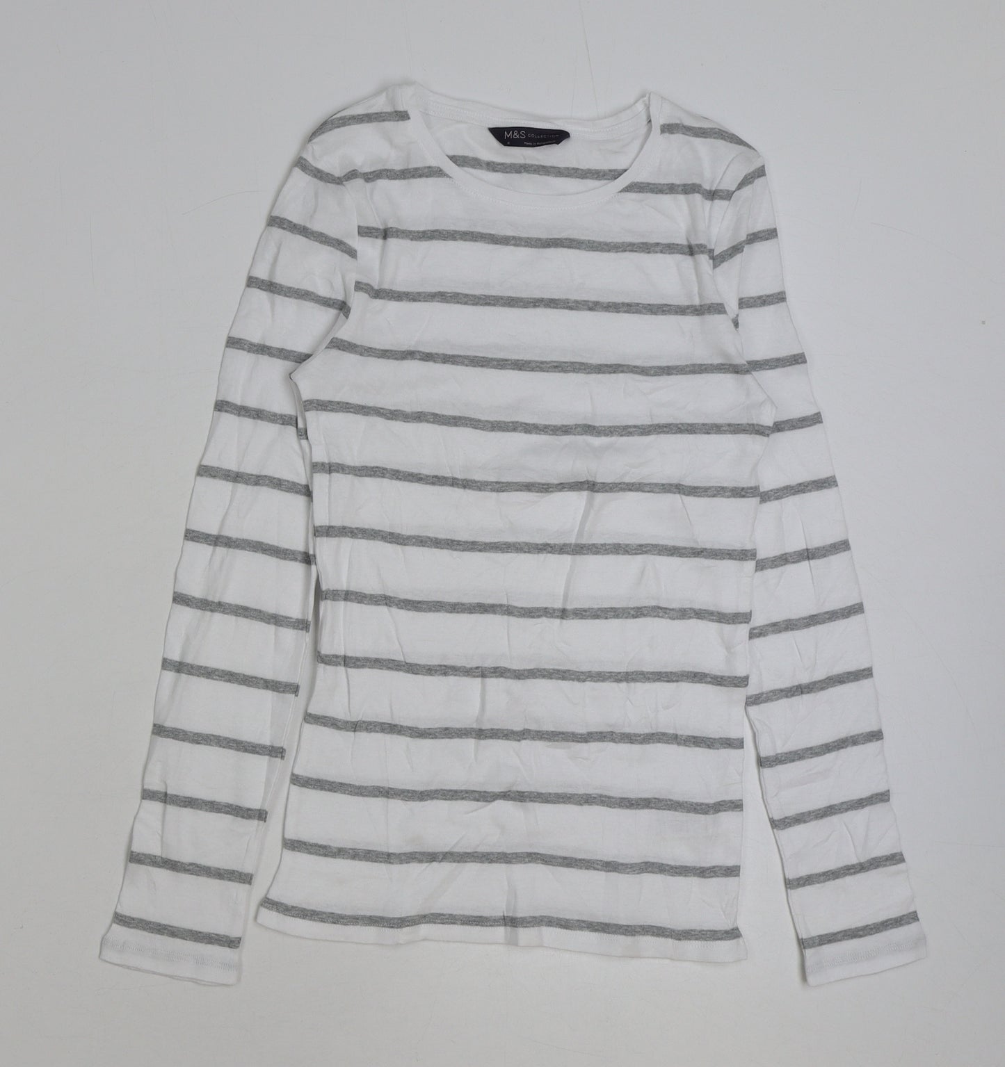 Marks and Spencer Womens White Striped Polyester Basic T-Shirt Size 8 Round Neck