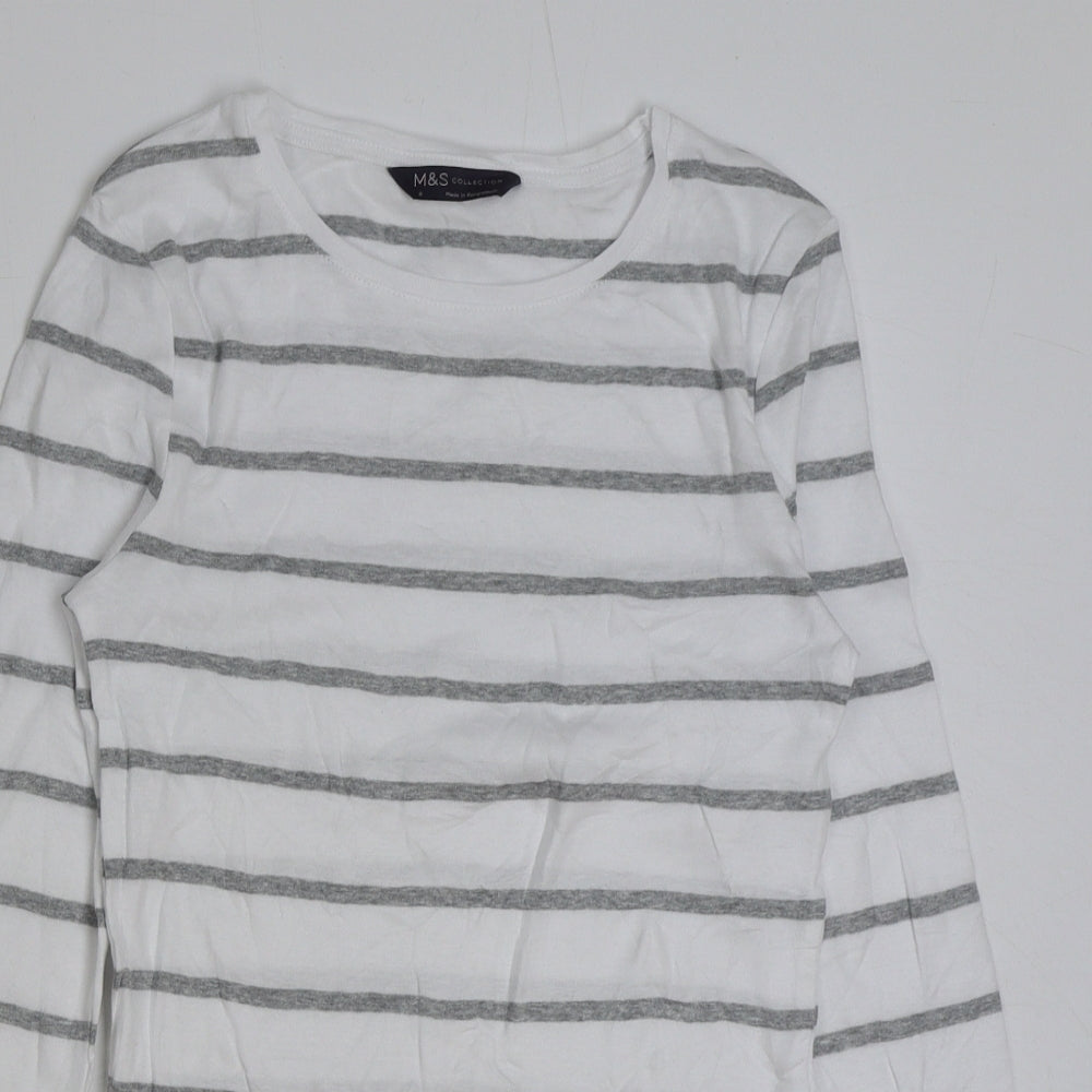 Marks and Spencer Womens White Striped Polyester Basic T-Shirt Size 8 Round Neck