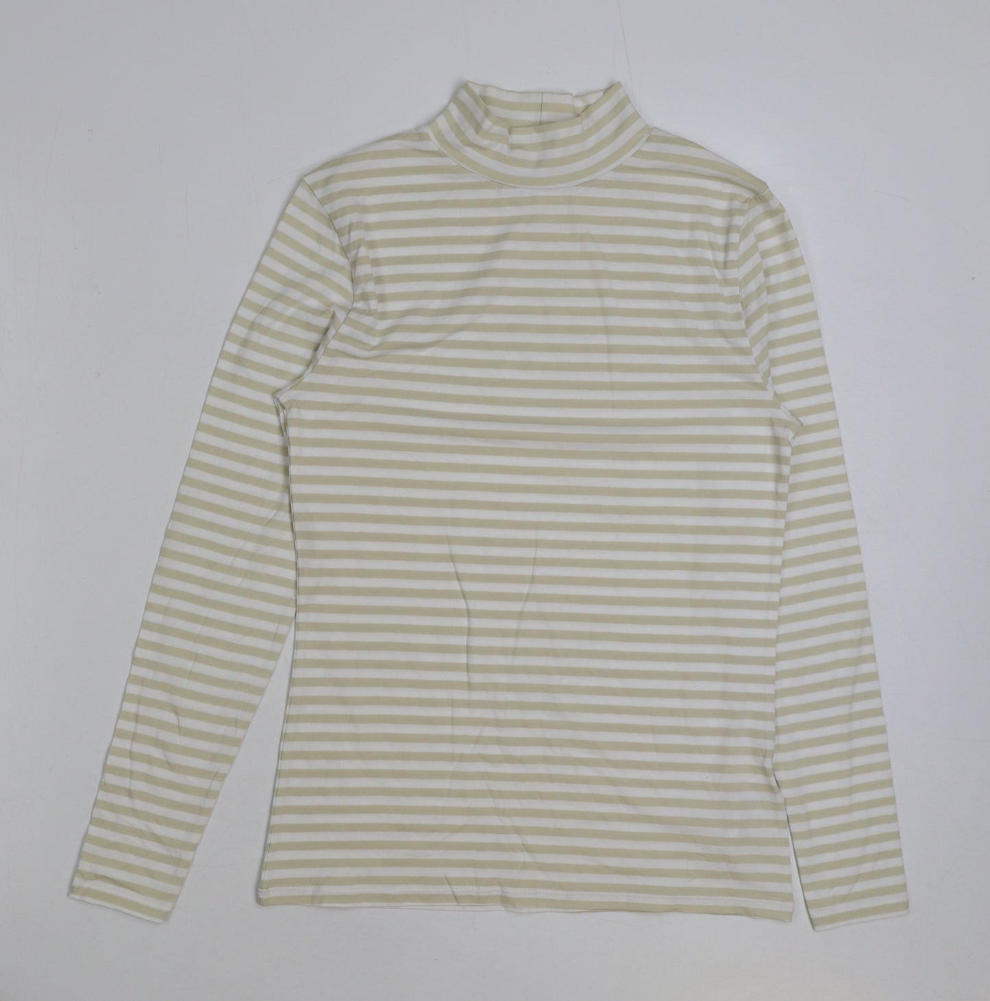 Marks and Spencer Womens Beige Striped Polyester Basic T-Shirt Size 10 High Neck