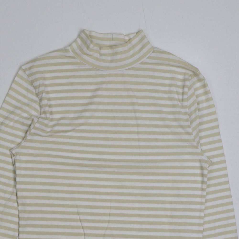 Marks and Spencer Womens Beige Striped Polyester Basic T-Shirt Size 10 High Neck