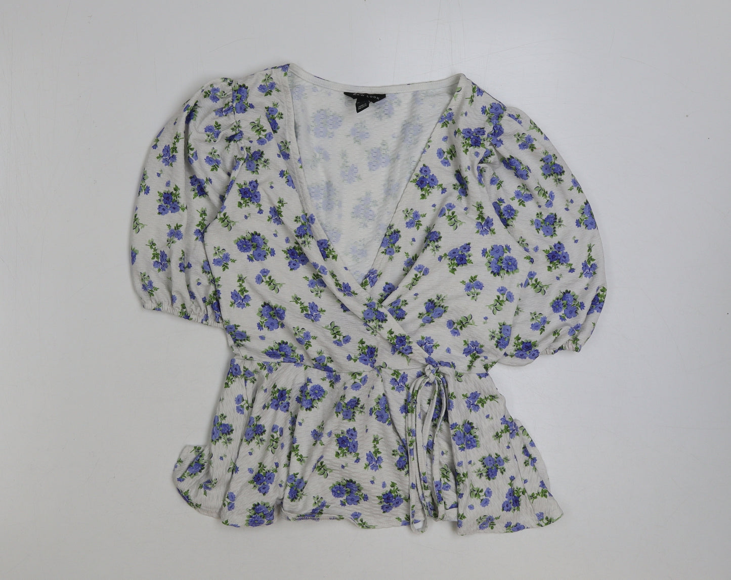 New Look Womens Blue Floral Polyester Basic Blouse Size 8 V-Neck