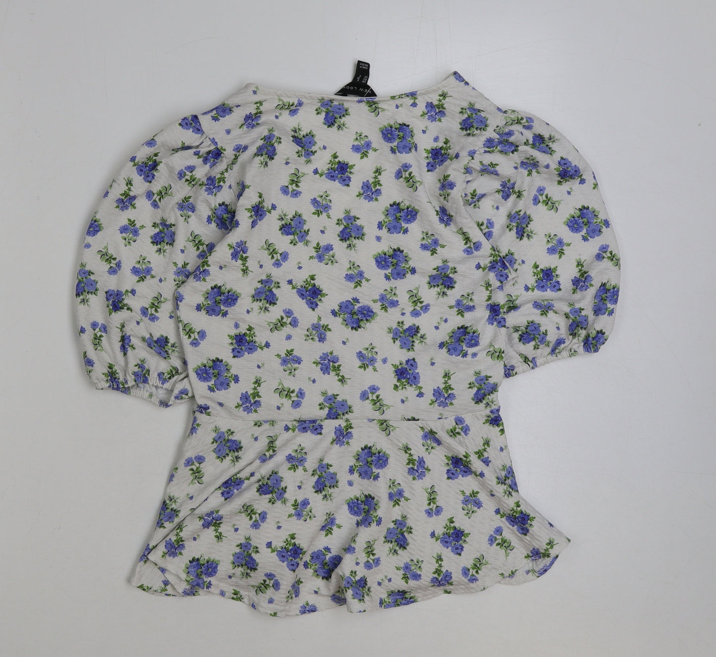 New Look Womens Blue Floral Polyester Basic Blouse Size 8 V-Neck