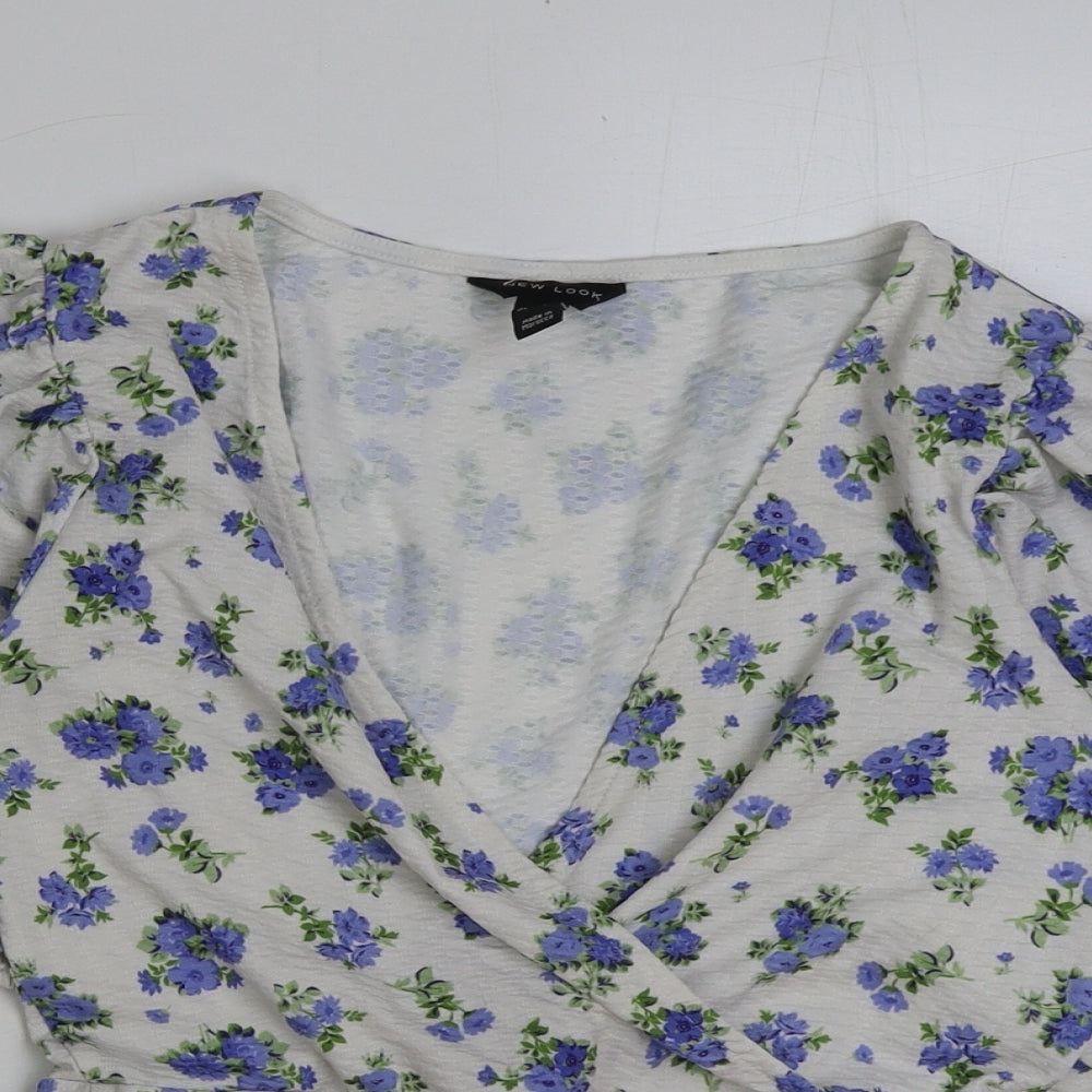 New Look Womens Blue Floral Polyester Basic Blouse Size 8 V-Neck