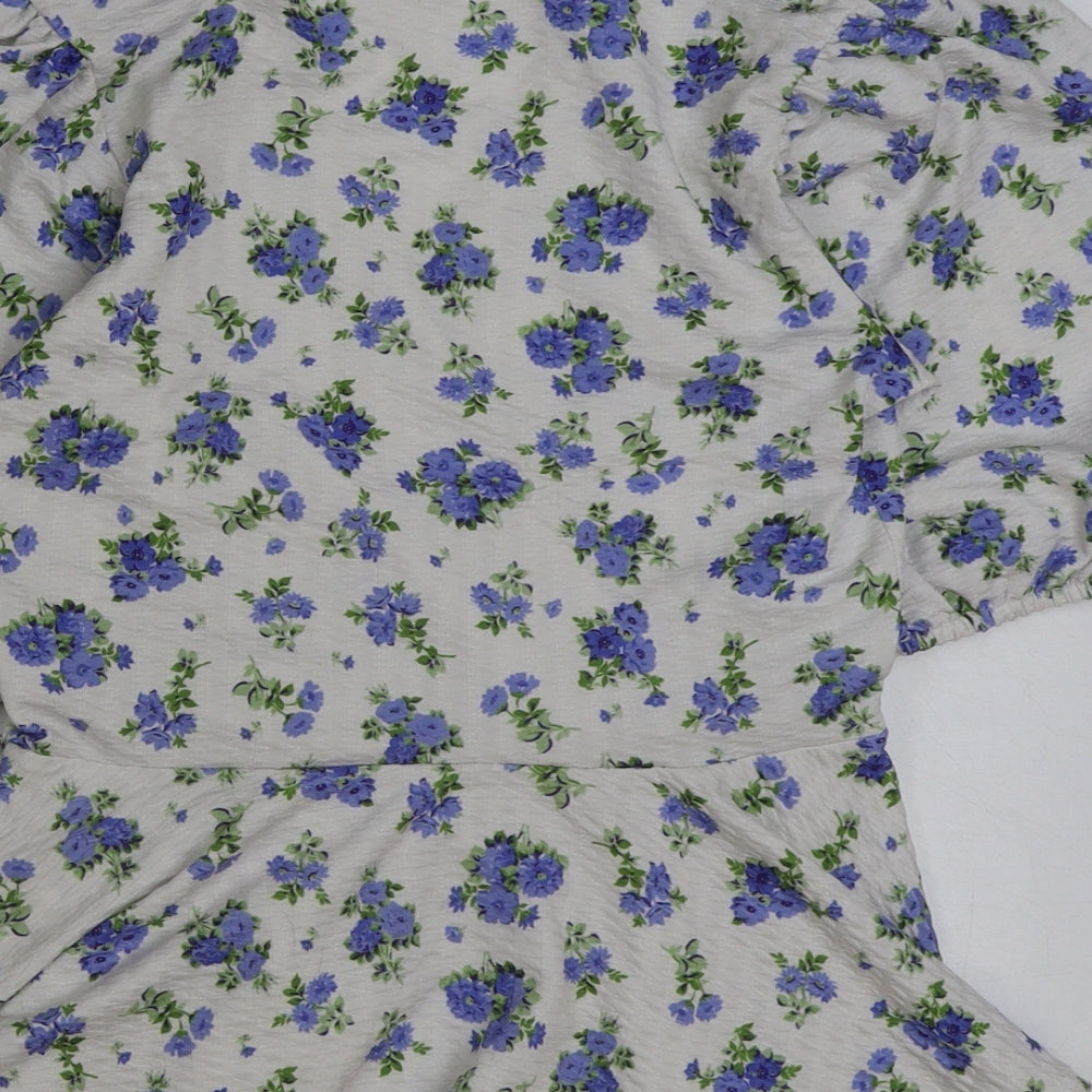 New Look Womens Blue Floral Polyester Basic Blouse Size 8 V-Neck