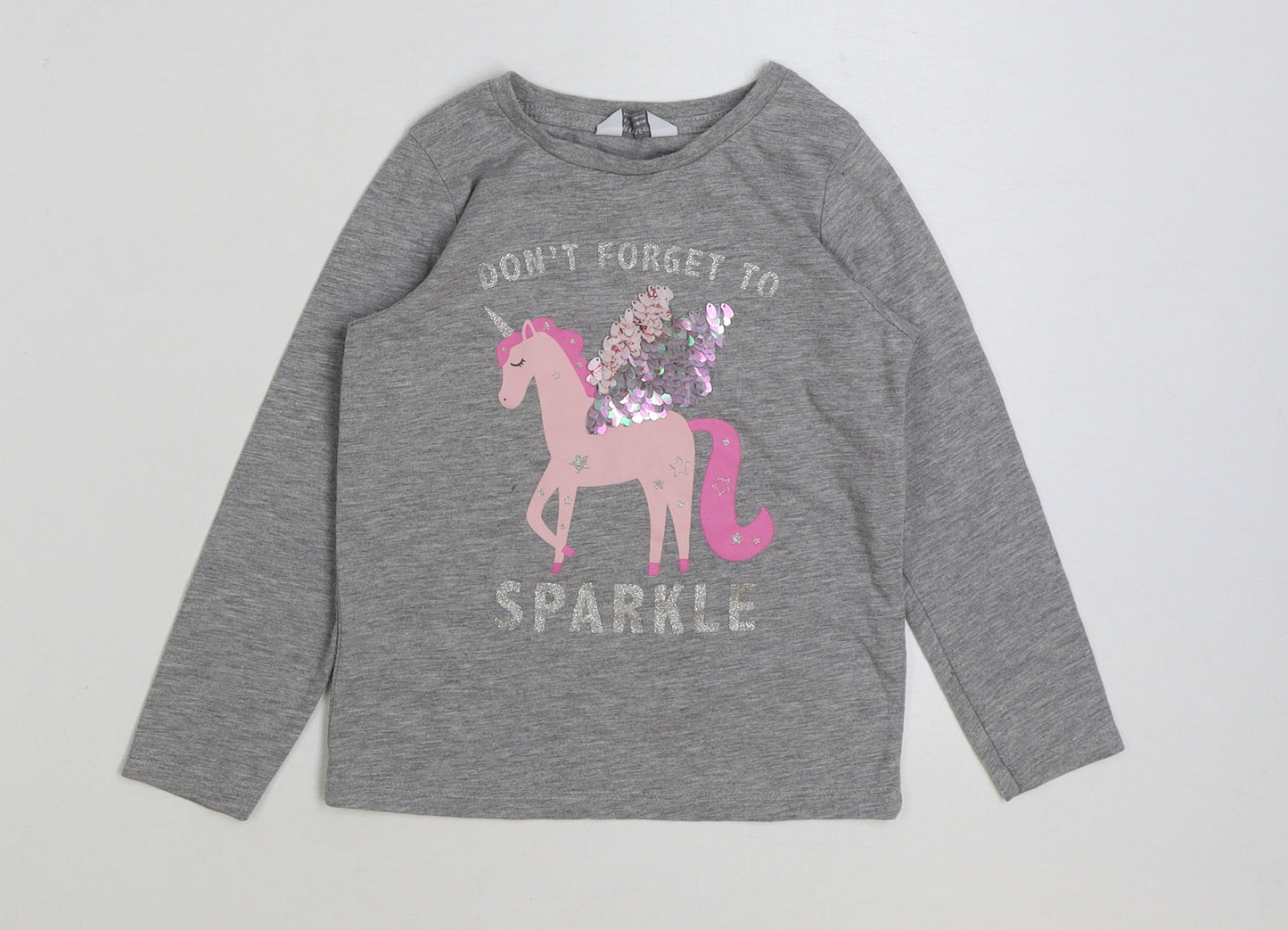 Primark Girls Grey Polyester Basic T-Shirt Size 4-5 Years Round Neck Pullover - Unicorn Don't Forget To Sparkle