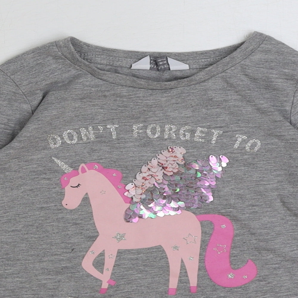 Primark Girls Grey Polyester Basic T-Shirt Size 4-5 Years Round Neck Pullover - Unicorn Don't Forget To Sparkle