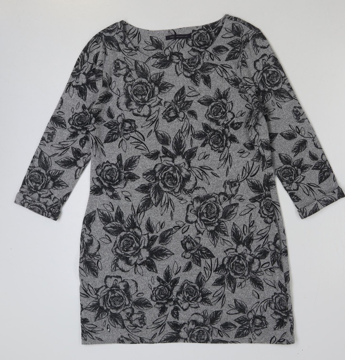 Marks and Spencer Womens Grey Floral Polyester Tunic T-Shirt Size 12 Round Neck