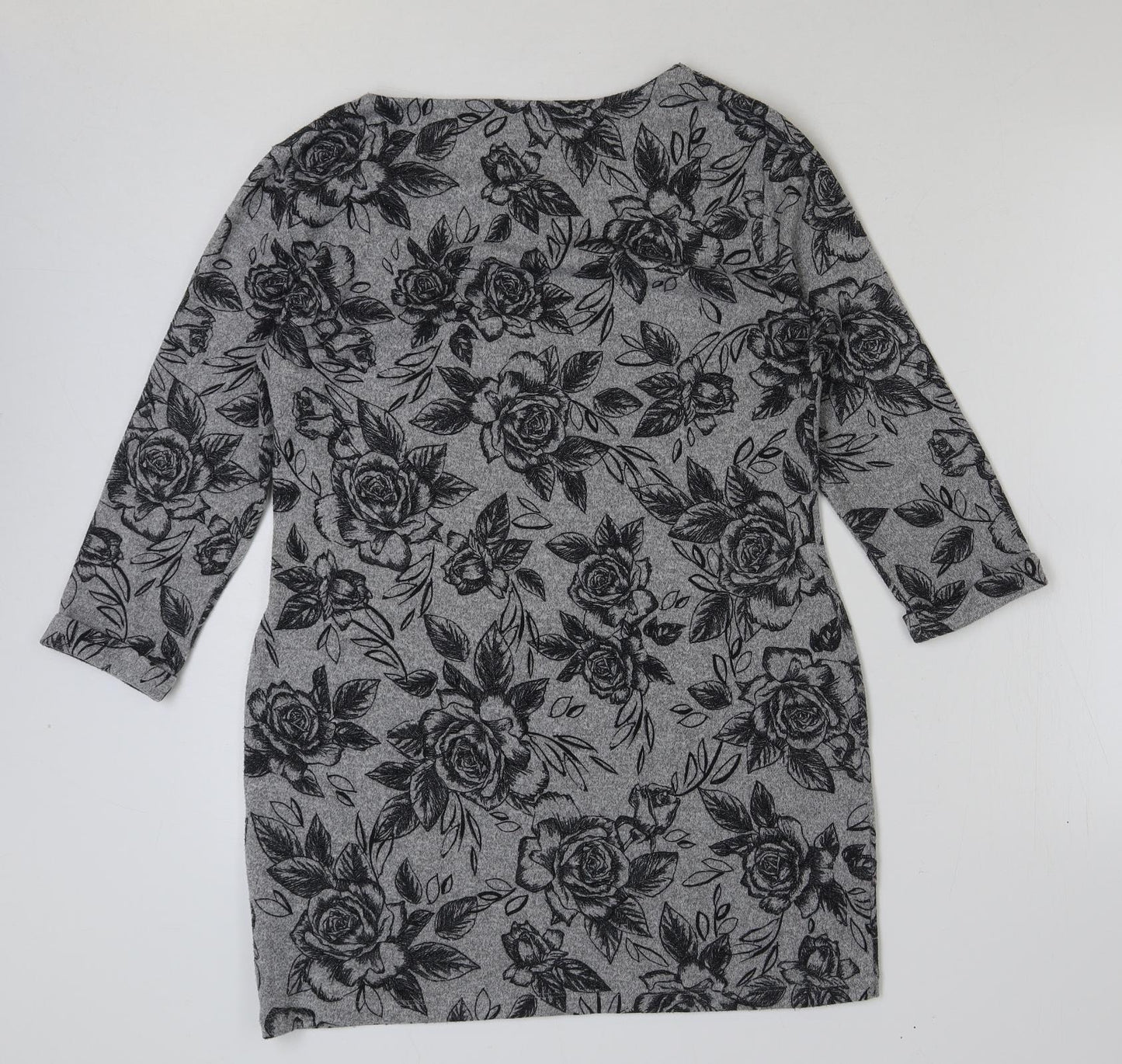 Marks and Spencer Womens Grey Floral Polyester Tunic T-Shirt Size 12 Round Neck