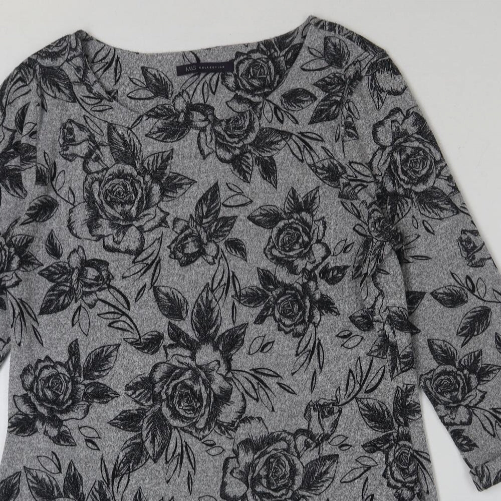 Marks and Spencer Womens Grey Floral Polyester Tunic T-Shirt Size 12 Round Neck