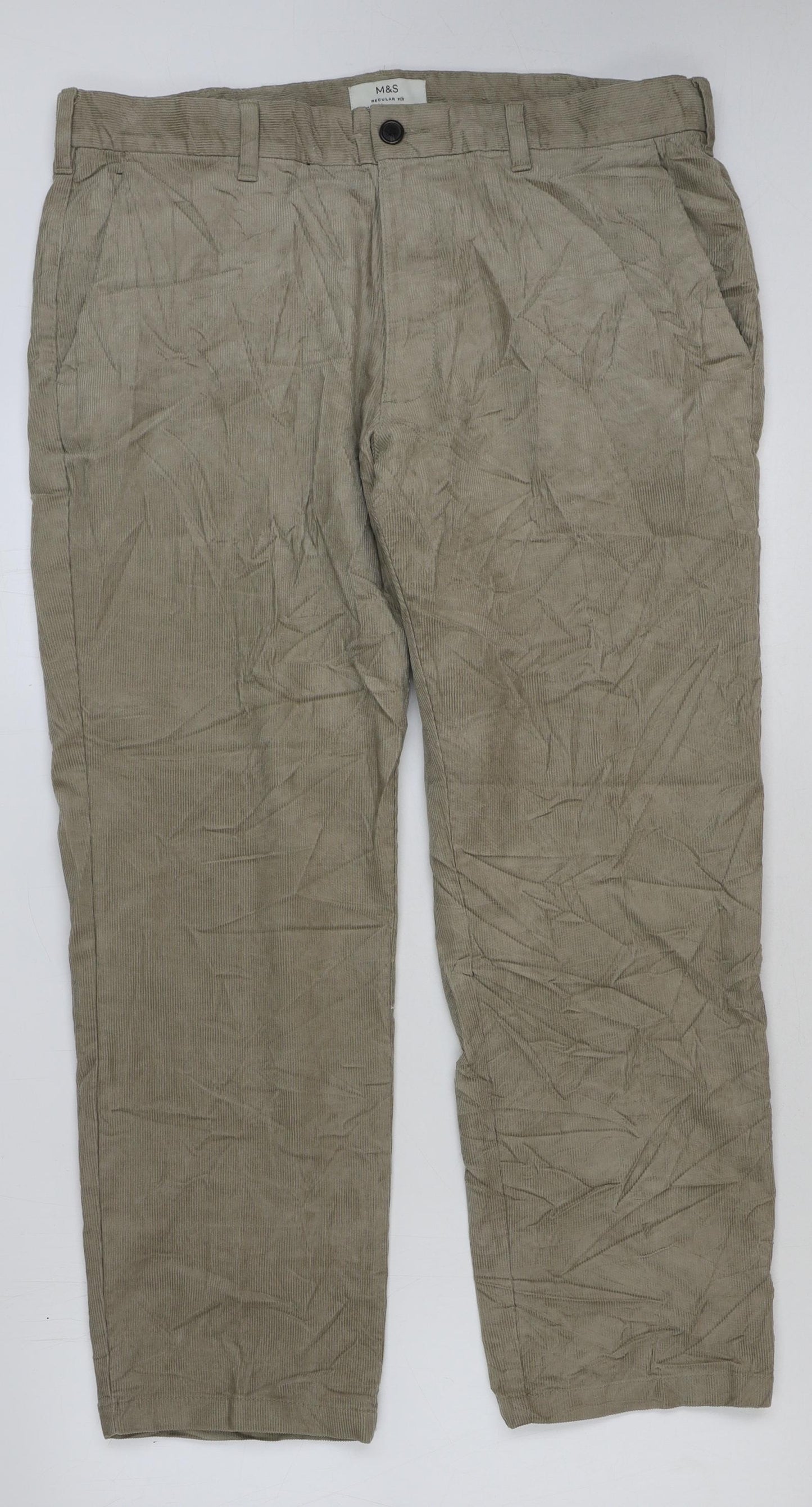 Marks and Spencer Mens Beige Cotton Trousers Size 38 in L29 in Regular Button