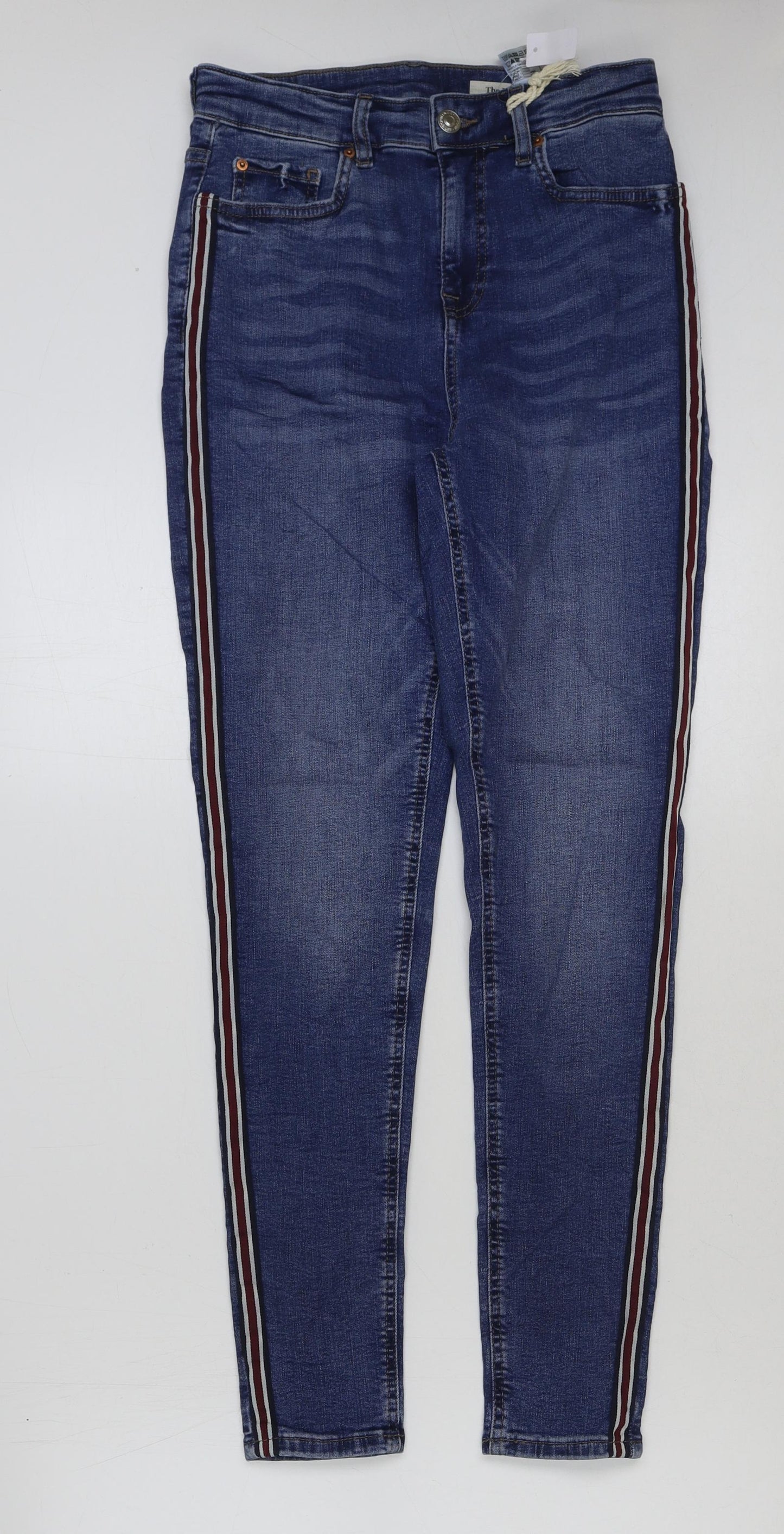 Marks and Spencer Womens Blue Cotton Skinny Jeans Size 10 L29 in Regular Button - Side Stripe