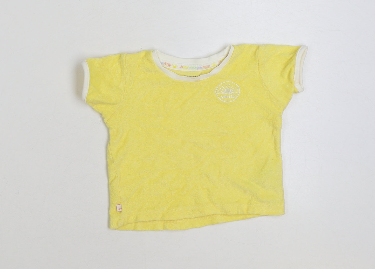 Primark Baby Yellow Cotton Basic T-Shirt Size 12-18 Months Round Neck Pullover - Smile