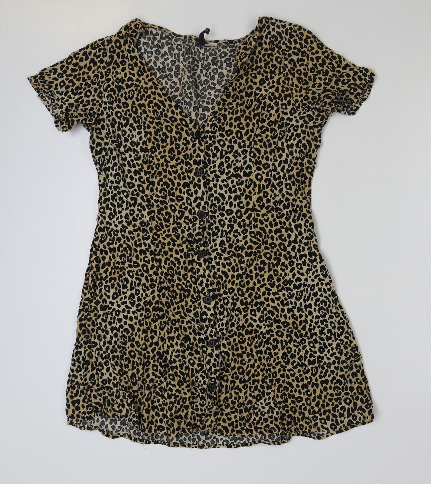 H&M Womens Brown Animal Print Polyester A-Line Size 14 V-Neck Button - Leopard Print