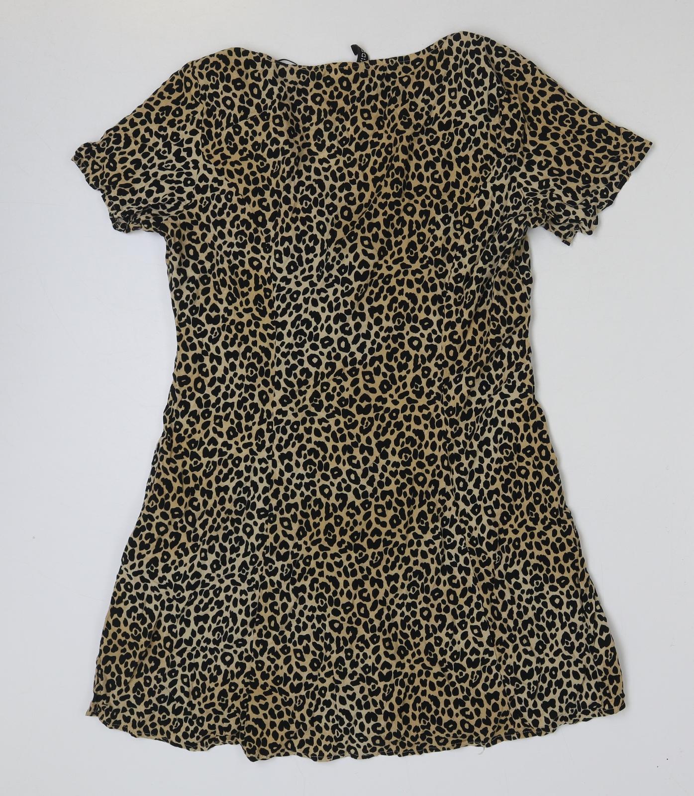 H&M Womens Brown Animal Print Polyester A-Line Size 14 V-Neck Button - Leopard Print