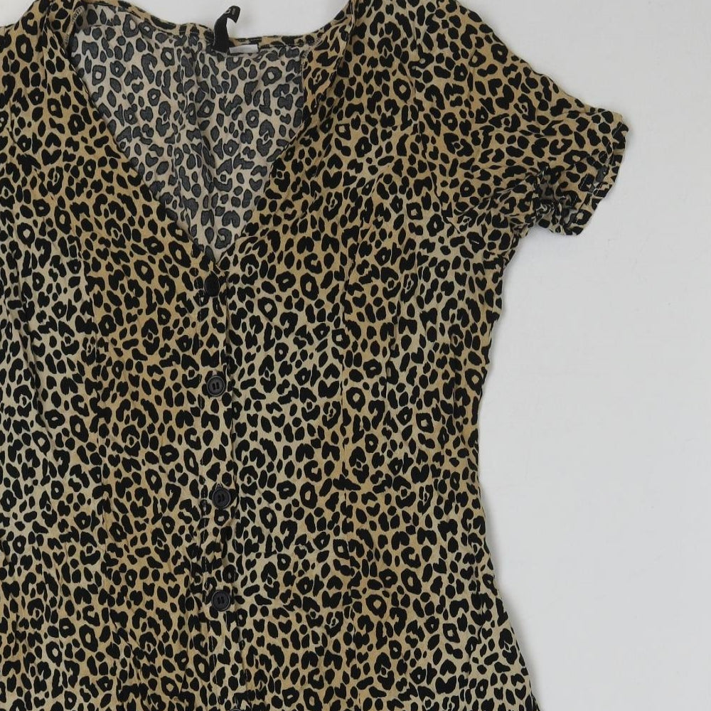 H&M Womens Brown Animal Print Polyester A-Line Size 14 V-Neck Button - Leopard Print