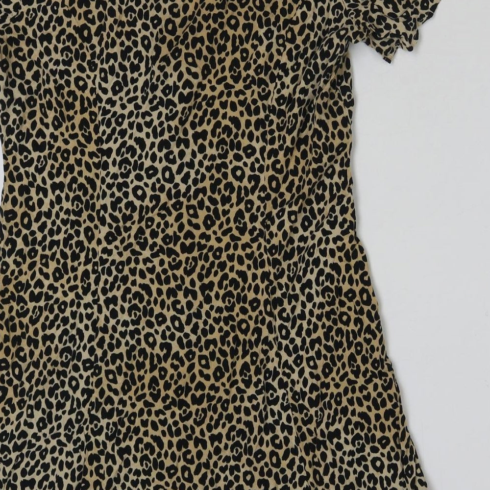 H&M Womens Brown Animal Print Polyester A-Line Size 14 V-Neck Button - Leopard Print