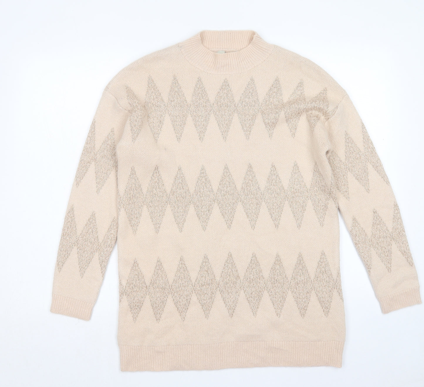 Matalan Womens Beige Mock Neck Argyle/Diamond Acrylic Pullover Jumper Size M