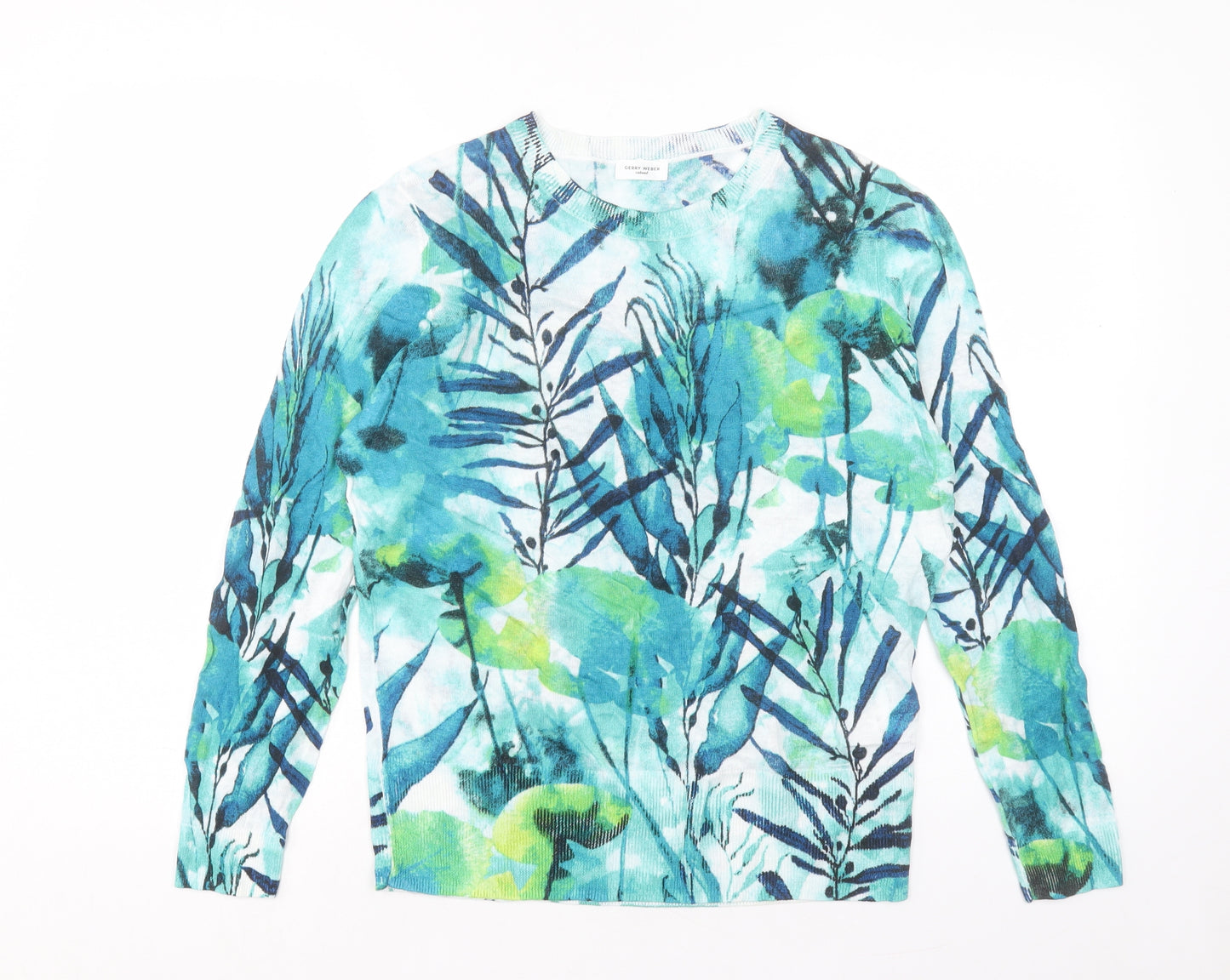 Gerry Weber Womens Blue Crew Neck Geometric Linen Pullover Jumper Size 12