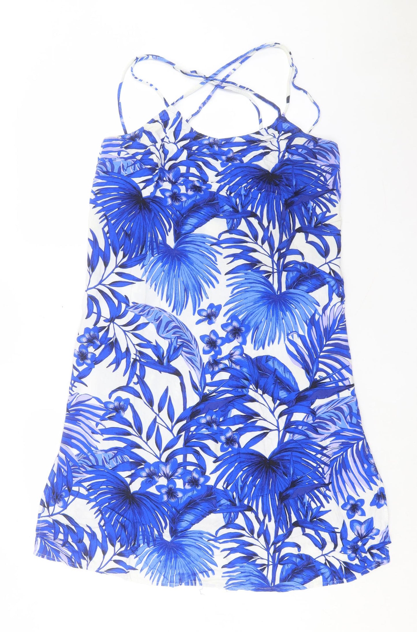 Marks and Spencer Womens Blue Floral Viscose A-Line Size 14 V-Neck Pullover - Cross Back