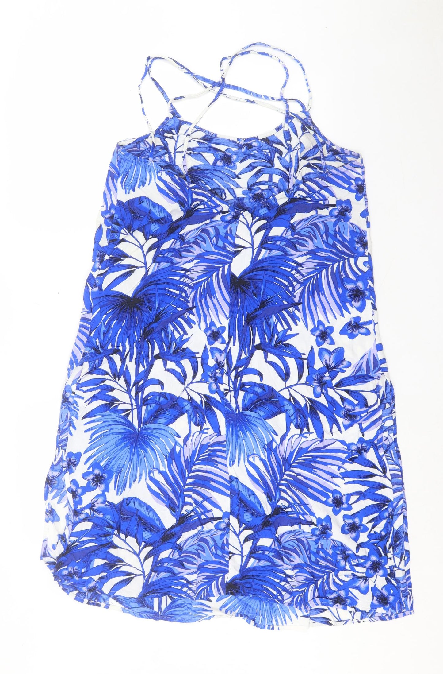 Marks and Spencer Womens Blue Floral Viscose A-Line Size 14 V-Neck Pullover - Cross Back