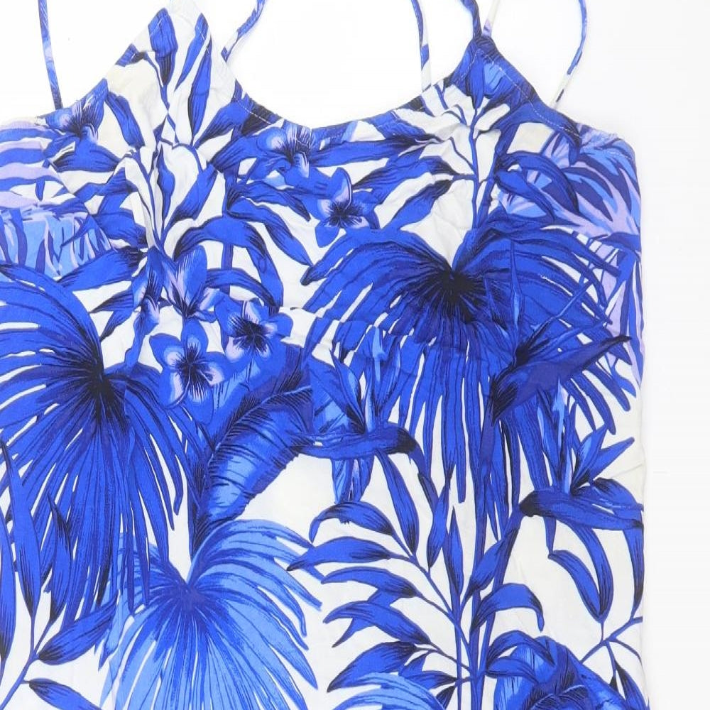 Marks and Spencer Womens Blue Floral Viscose A-Line Size 14 V-Neck Pullover - Cross Back