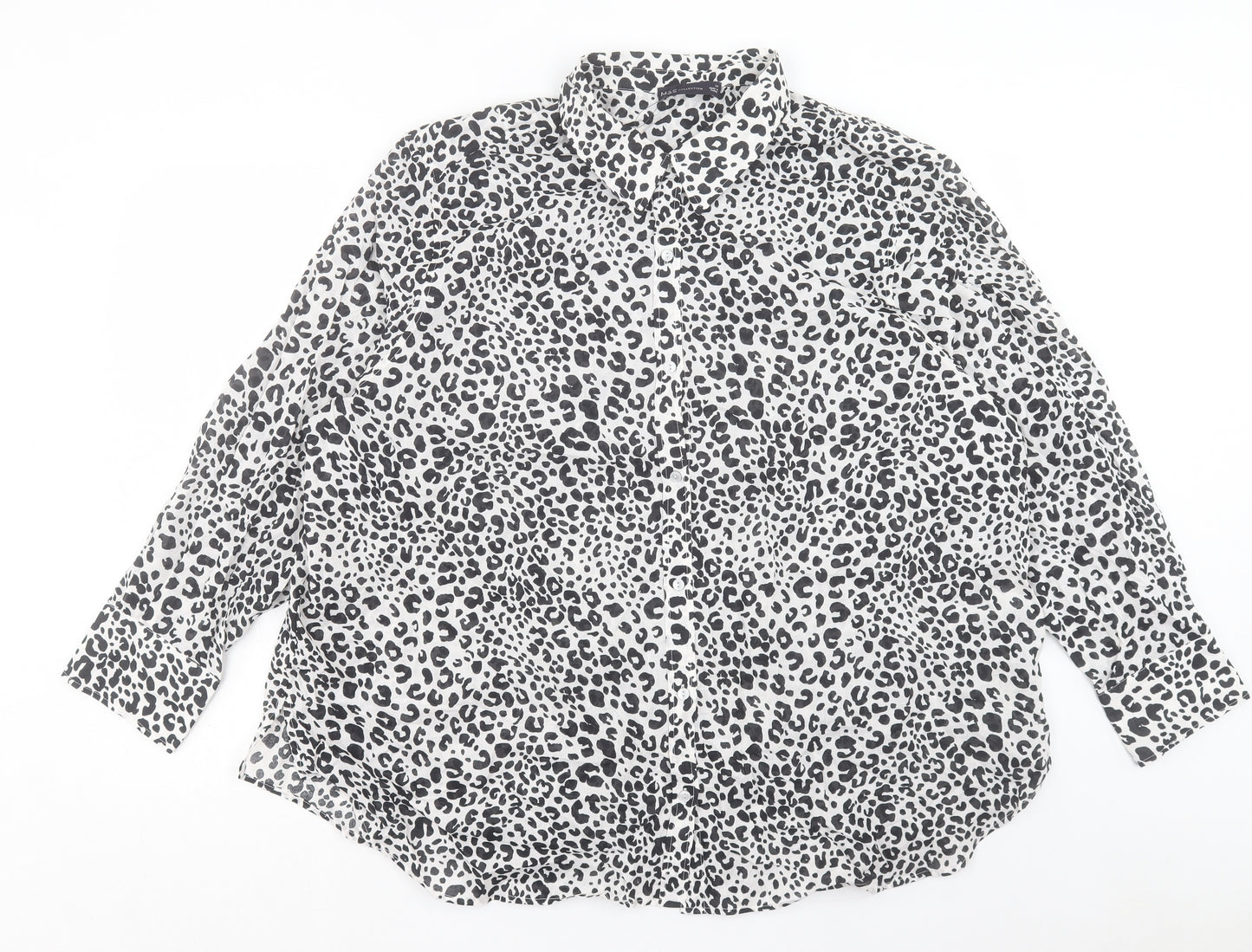 Marks and Spencer Womens White Animal Print Cotton Basic Button-Up Size 24 Collared