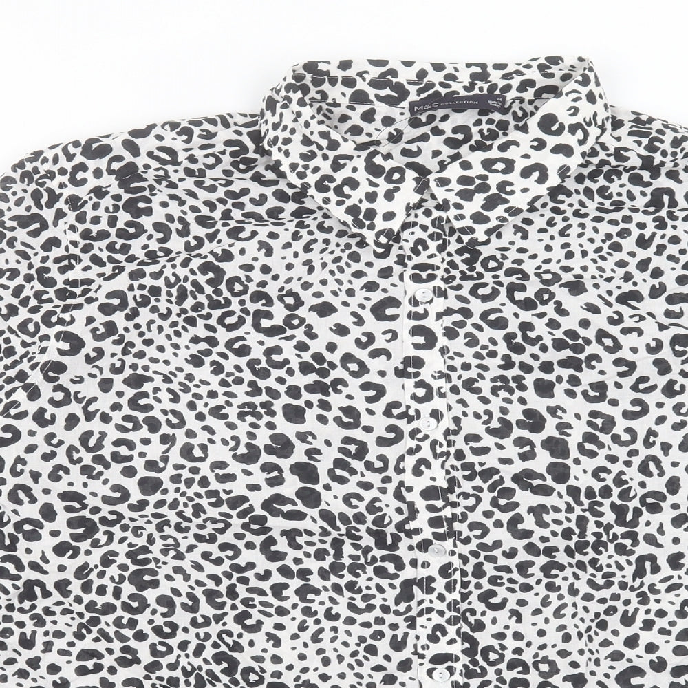 Marks and Spencer Womens White Animal Print Cotton Basic Button-Up Size 24 Collared