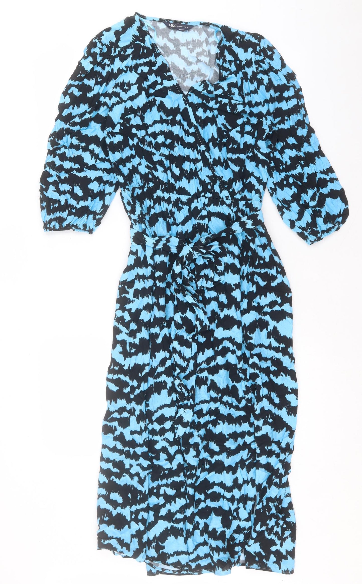 Marks and Spencer Womens Blue Geometric Viscose A-Line Size 10 V-Neck Pullover