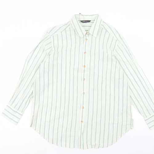 Marks and Spencer Womens Green Striped Cotton Basic Button-Up Size 16 Collared