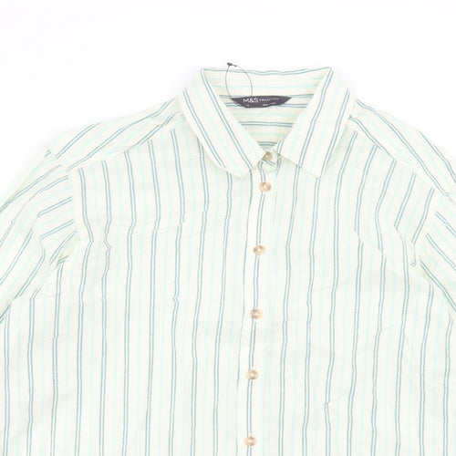 Marks and Spencer Womens Green Striped Cotton Basic Button-Up Size 16 Collared