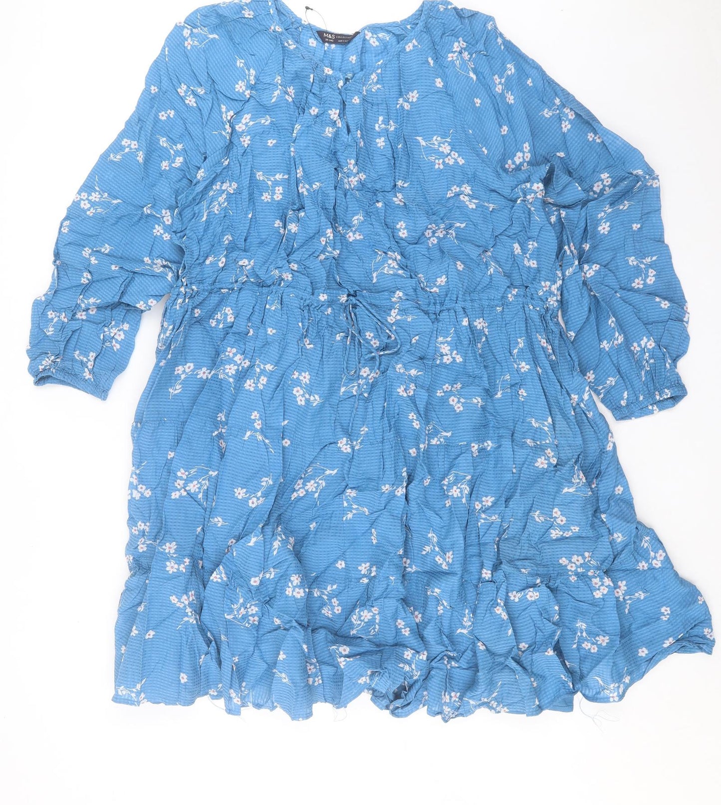 Marks and Spencer Womens Blue Floral Cotton A-Line Size 20 V-Neck Pullover