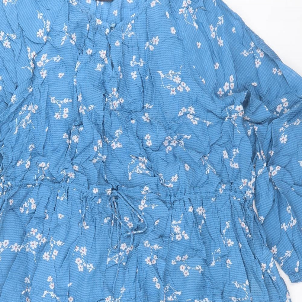 Marks and Spencer Womens Blue Floral Cotton A-Line Size 20 V-Neck Pullover
