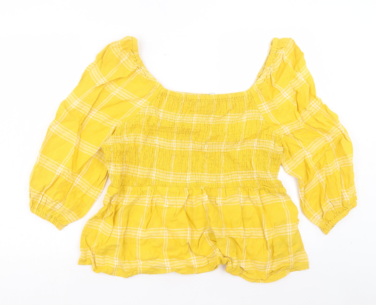 Marks and Spencer Womens Yellow Plaid Cotton Basic T-Shirt Size 18 Square Neck