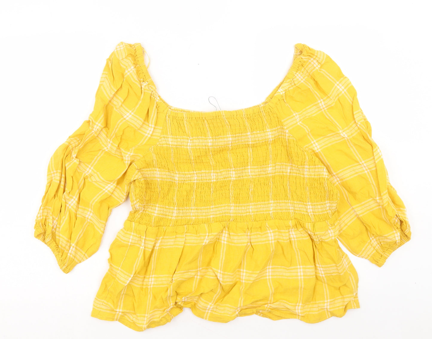 Marks and Spencer Womens Yellow Plaid Cotton Basic T-Shirt Size 18 Square Neck