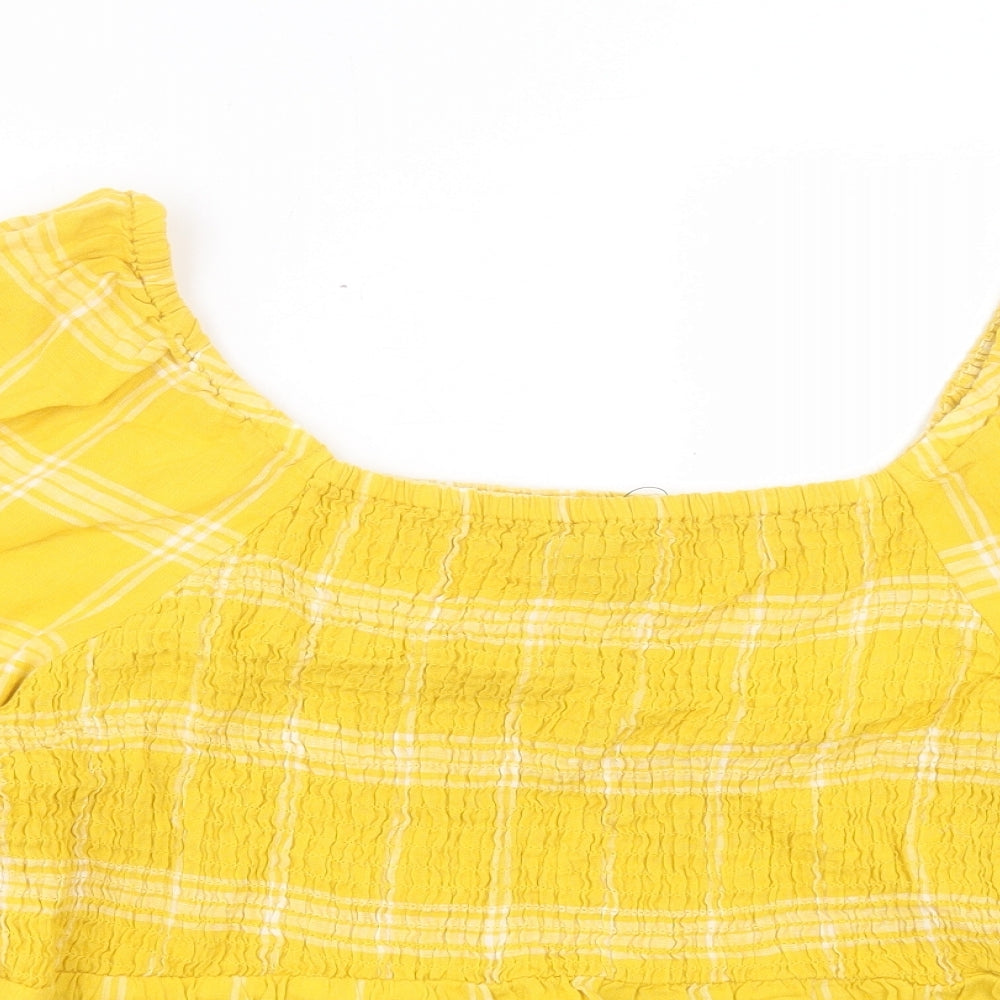 Marks and Spencer Womens Yellow Plaid Cotton Basic T-Shirt Size 18 Square Neck
