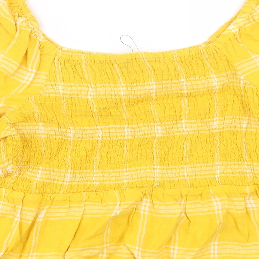 Marks and Spencer Womens Yellow Plaid Cotton Basic T-Shirt Size 18 Square Neck