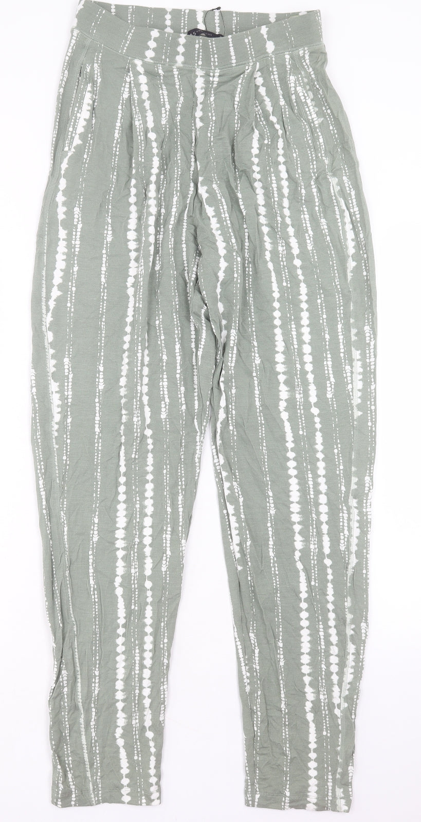 Marks and Spencer Womens Green Geometric Viscose Trousers Size 10 L30 in Regular