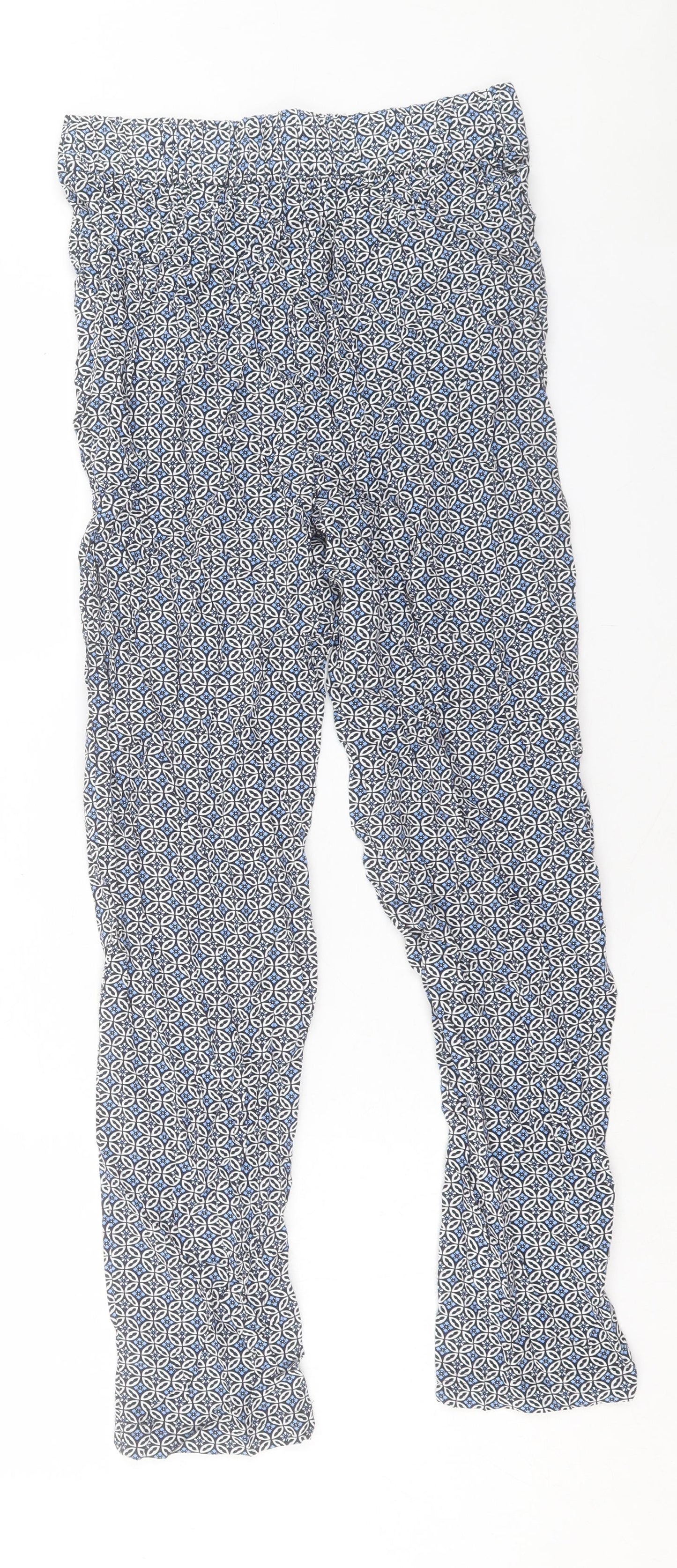 Marks and Spencer Womens Blue Geometric Viscose Trousers Size 8 L28 in Regular